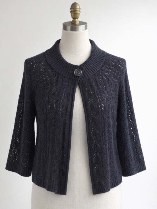 Vintage Sweaters - Vintage Gray Crochet Swing Cardigan Cropped Bell Quarter Sleeve Sweater • Small